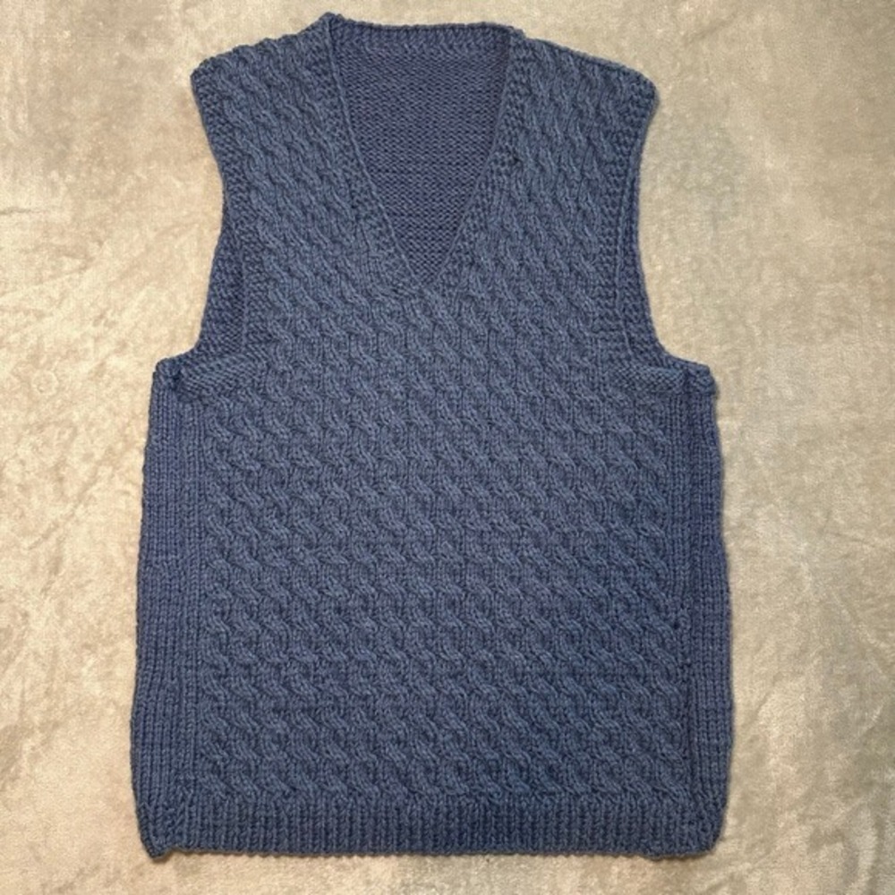 Chunky Knit Sweater Vest Unisex 38" Blue Hand Knit Grandpacore Preppy Academia